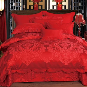 2019 Raudona Žakardo vestuvių patalynės komplektai 4/10vnt karalienė king size antklode padengti nustatyti nėrinių prabanga patalynė, lovatiesė