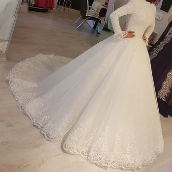 2021 Balta Arabų Musulmonų Vestuvių Suknelės Princesė Aukšto Kaklo, Ilgomis Rankovėmis, Nėriniai Appliques Vestuvinės Suknelės Chalatas De Mariage