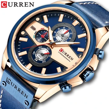 2021 CURREN Vyras Laikrodžių Mados Atsitiktinis Kvarco Sporto Watch Laikrodžius 2021 Blue Laikrodis Vyrų Chronograph Oda Žiūrėti Vyrams