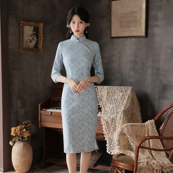 2021 m. Rudenį Išsiuvinėti Perlais Qipao Zawalcowany Retro Patobulinta Versija Kinijos Elegantiškas Plonas Cheongsam Moterų Tradicinį Suknelė