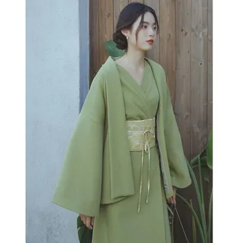 2022 m. Rudens Žiemos Moterų Megztinis Kailis +Suknelė Dviejų dalių Diržas Slim Kinijos Derliaus Hanfu Vestidos Elegantiškas Moterų Suknelės, Kimono