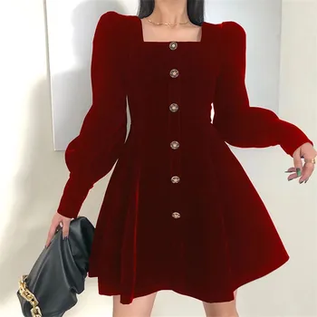 2022 Raudona Kalėdų Suknelė Moterims Derliaus Aksomo Suknelė Rudens Žiemos Aukštos Kokybės Dizaineris Sluoksniuotos Rankovėmis Mini Suknelės, Šaliai, Vestidos
