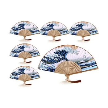 6 Gabalus Japoniška Bambuko Šilko Lankstymo Ventiliatorius Kanagawa Jūros Bangos Nešiojamą Gerbėjai, Sulankstomas Derliaus Dekoro Moterų Šokių