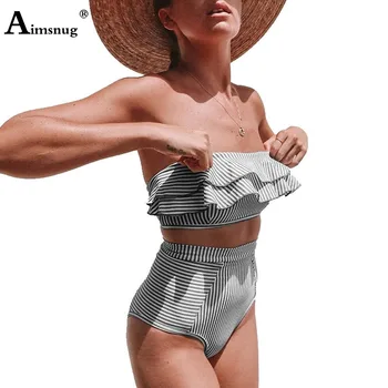 Aukštos Juosmens Moterų Bikini Rinkiniai Off Peties Pynimas Viršuje maudymosi kostiumėlį, Modelis Juostelės Dviejų dalių maudymosi Kostiumėliai, 2021 Femme biquini Maudymosi Kostiumai
