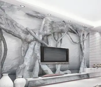 Bacal Juoda ir balta 3d trimatis pilka meno medžio šaknys meno mergelės miško TV foną, freskomis tapetai, sienų ir 3 D