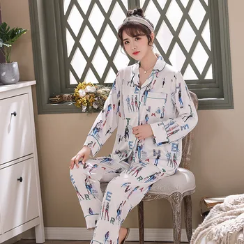 Baltos spalvos Spausdinta 2VNT Sleepwear Moterų Satino Pižama Nustatyti Visišką Slydimo Pižamos Supilkite Moterų Marškinėliai&Kelnes Long Sleeve Loungewear Namų Drabužiai