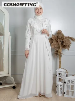 Baltos Spalvos Šifono Nėrinių Ilgomis Rankovėmis Musulmonų Vakaro Suknelės Aukšto Kaklo Islamo Hijab Prom Oficialią Šalies Suknelė Chalatas De Soiree Moterų Kaftan