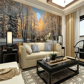 beibehang žiemos peizažas beržo medžio, upės, miško, sniego 3d kambario tapetai kraštovaizdžio nuotraukų freskomis tapetai kambario sienų dekoras