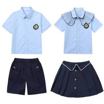 Britų Stilius, vaikų Darželis, pradinės Mokyklos Uniformos Vasaros Marškinėliai Tamsiai Mėlynas Sijonas Šortai Studentų, Komplektai, Vaikams, Berniukų, Mergaičių