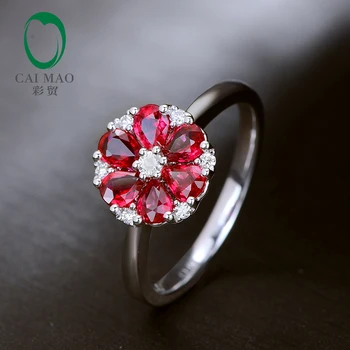 Caimao Klasikinis 14 karatų Balto Aukso 0.93 ct Natūralus Raudonasis Rubinas H SI Diamond Gėlių Sužadėtuvių Žiedas Jubiliejų