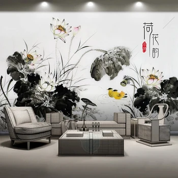 Custom Sienų Medžiaga Kinijos Rašalo Lotus Mandarinų Antis Tapetai Kambarį, Miegamąjį, TV Foną, Sienų danga 3D Namų Deco Freskos