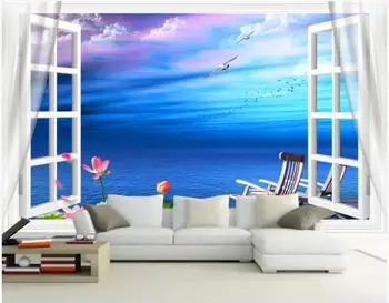custom sienų tapetai, 3d Blue sea beach denio kėdės lotus Flower kraštovaizdžio namų dekoro foto Tapetai kambarį