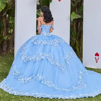 Dangus Mėlynas Quinceanera Suknelės Kamuolys Suknelė Nuo Peties Tiulio Appliques Perlai Meksikos Saldus 16 Suknelės 15 Anos