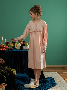 Derliaus Medvilnės Princesė Nėrinių Ilgai Sleepwear Moterims, Pavasarį, Rudenį Ilgomis Rankovėmis Elegantiškas Prarasti Ilgai Nightgowns
