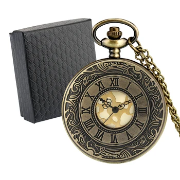 Derliaus Steampunk romėnišką Tuščiaviduriai Kvarco Karoliai Kišeninio Laikrodžio Dėžutė su Retro Aukso arabų Skaitvardis Ekranas Pakabukas Laikrodis Vyras