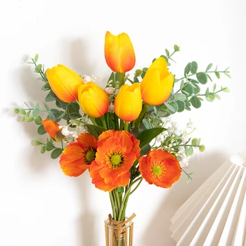 Dirbtinės Gėlės Tulpės, Sumaišyti Aguonų Eukalipto Bellflower Vestuvių Vertus Puokštė Padirbtų Augalų Šalis Dekoro Gėlių Išdėstymas