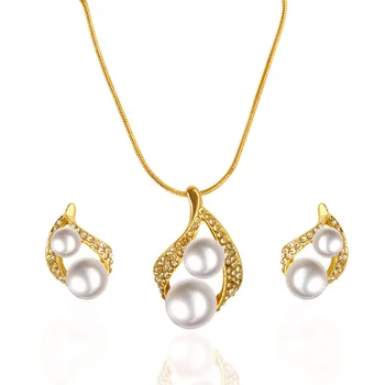 Du Kartus Imituojamas Pearl Blizga Kristalų Supa Aukso Nėrinių Pakabukas Elegantiškas Papuošalų Rinkiniai Auskarai, Karoliai Moterims