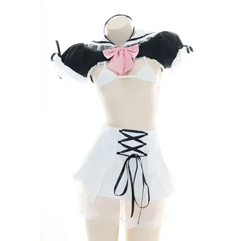 Dviejų matmenų skylėtas krūtinės Tarnaitė Suknelė grynas seksualus bikini underwear padalinta nightdress