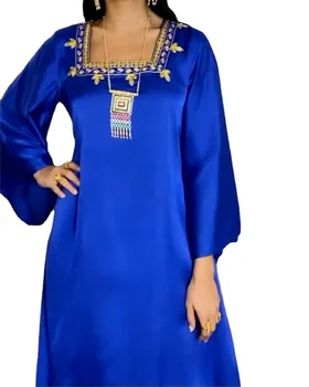 Eid Satino Abaja Dubajus Kaftan Musulmonų Suknelė Moterims Abayas Turkijos Islamo Djelaba Skraiste Longue Femme Musulman Islamas Caftan Suknelės Mėlyna