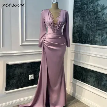 Elegantiška Violetinė Arabų Ilgomis Rankovėmis Oficialią Vakaro Suknelės 2022 Klostuotas Satino Undinė V-Kaklo Šalies Prom Chalatai Vestidos De Noche