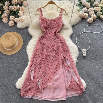 GLAUKE 2022D esign Prasme Paplūdimio Suknelė Moterų Pajūrio Atostogų Super Pasakų Dėvėti Rožinės spalvos Gėlių Dirželis Suknelė