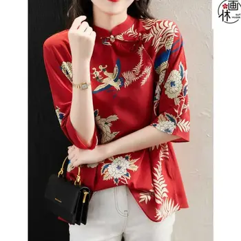 Gražus Kinų Stiliaus Marškinėliai Retro Plokštė Mygtuką Stovėti Apykaklės Palaidų Gėlių Spausdinti Kinijos Top Moterims