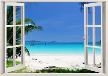 Gražus paplūdimys sienos meno 3D langą, paplūdimio sienos lipdukas su švariu vandeniu, spalvingas paplūdimio sienos meno medį darželio baby vaikų ki