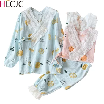 Japonų Kimono Pižama Moterų Pavasario Medvilnės Marlės, Krepo Pajama Rinkinys Sexy Nėrinių V-Kaklo, Ilgomis Rankovėmis Sleepwear Laisvas Minkštų Loungewear