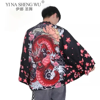 Kimono Vintage Megztinis Haori Japonijos Spausdinti Mados Tradicinio Stiliaus Streetwear Vyrų Saulės Apsaugos Prarasti Yukata Dragon Paltai