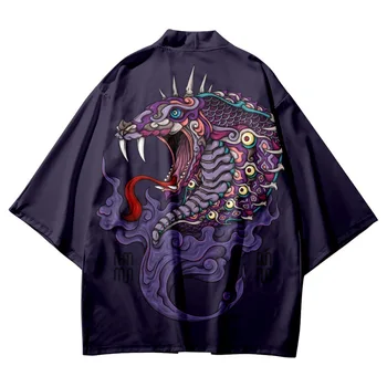 Kimono Violetinė Gyvatė Spausdinti Cardigan Obi Yukata Vyrų Haori Japonijos Kailis Tradicinių Drabužių Streetwear