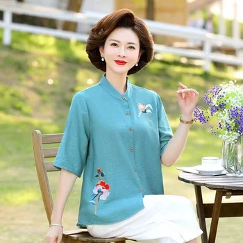 Kinijos Mados Siuvinėjimo Moteris Palaidinės Vasaros Marškinėliai Lady Elegantiška Vintage Viršuje Tango Kostiumas Moterų Etninės Lino Drabužių Cheongsams
