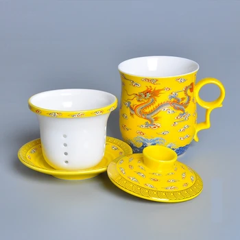 Kinų Stiliaus Keramikos Kaulų Filtro Dangtelis Lėkštė Rinkinys Drinkware Office Geltona Dragon Filtras Taurė