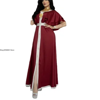 Kokybės Satino Maxi Suknelė Jalabiya Moterys, Trumpos Pynimas Rankovės Juostinės Nerijos Apdaila Musulmonų Šalis Suknelės Kuveitas Dubajus Turkija Drabužiai