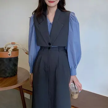Korėjos kostiumas apykaklę, trumpa Liemenė + viena breasted burbulas rankovėmis marškinėliai + didelis juosmens, plonas sijonas