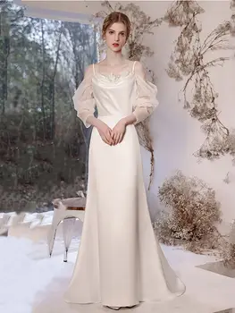 Korėjos Stilius Paprastas Vestuvių Suknelės Naujas Off Peties Ilgomis Rankovėmis Slim Mažas Gale Princesė Suknelė Klasikinės Baltos Vestuvinės Suknelės