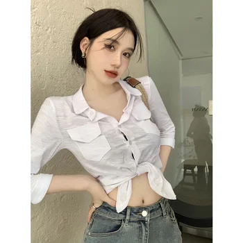 Korėjos versija vasarą dizaino prasme nišą balti marškinėliai, trumpas top moterims