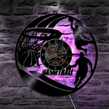 Krepšinio Sienos Meno LED Laikrodis krepšininkai Siluetas Vinilo Įrašas Sieninis Laikrodis Slam Dunk Basketball Namų Dekoro Sporto Dovana