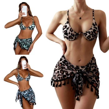 Leopardas Spausdinti Trijų Dalių Bikini Komplektas 2022 Moterų Sexy Mažas Juosmens Diržas Maudymosi Moterų Push Up Wrap Paplūdimio Maudymosi Kostiumas