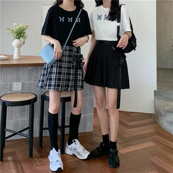Mados korėjos Moterų Atsitiktinis juodas Pledas Sijonas Harajuku Streetwear Moterų Gotikos Sexy Trumpi Linijos Mini Sijonai Mokyklos Vienodos
