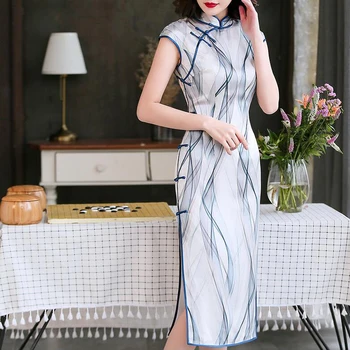 Mandarinų Apykaklės Qipao Šilko Suknelė Vintage Mygtuką Seksualus Oficialią Šalies Suknelė Pusės Split Slim Vestidos Kinijos Tradicinės Suknelės