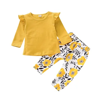 merginos boutique drabužių Geltona gėlė apvalios kaklo, ilgomis rankovėmis kūdikiams didmeninė drabužiai, vaikiški drabužiai