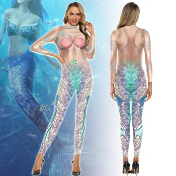 Moteriški Undinė Kostiumai Žuvų Svarstyklės Shell 3D Spausdinimo Seksualus maudymosi kostiumėlį, Cosplay Kostiumai, ilgomis Rankovėmis Bodysuits