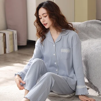 Moterų 100% Medvilnės Pižama Žiemos Dormir Lounge Sleepwear Šviesiai Mėlyna Pijama Mujer Miegamųjų Namo Drabužius Grynos Medvilnės Pižamos PJs
