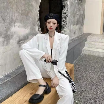 Moterų Mados Korėjos Stiliaus Streetwear Harajuku Atsitiktinis Negabaritinių Kostiumas Striukės, Kelnės Plačios Kojos Kelnės Derliaus Kailio Drabužių Rinkinys