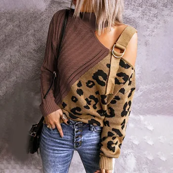 Moterų Žiemos Naujas ilgomis Rankovėmis Megztinis Mados Elegantiškas Retro Vieną Petį, Leopardas spausdinimui Megztinis Plius Dydis Atsitiktinis Laisvas Megztinis