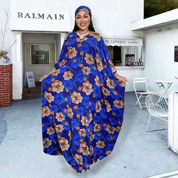 Musulmonų Naują Afrikos, Suknelės Moterims Boubou Skraiste 2022 Naujovė Kanga Drabužių Šifono Spausdinti Gėlių V-kaklo Maxi Drabužius Su Hijab