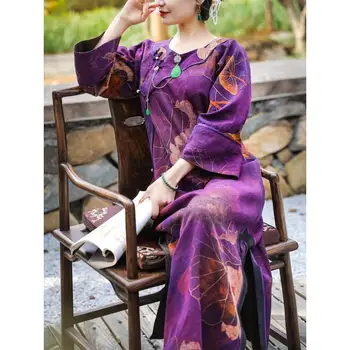 Nacionalinės Stiliaus Apvalios Kaklo, Rankų darbo Mygtuką Lotus Lapų Spausdinta Didelis Rankovės Cheongsam Moterų Vietnamo Tradicinių Suknelės 3xl