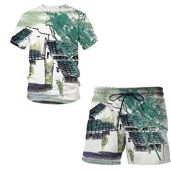 Naujas 3D Kinų tapybos teptuku vyriški marškinėliai +Šortai Paplūdimys Rinkinius Vasaros Orui Mados Trumpas Rankovės Vyrų Atsitiktinis Gatvės Kostiumas