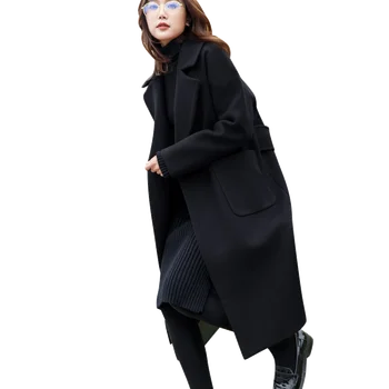 Naujas Juodas Stilingas Temperamentas Striukė Pavasario Rudens Vilnoniai paltai Paltai Moterims atvartas Mados Striukės Kietas Šiltas Ilgas Moterų Outwear
