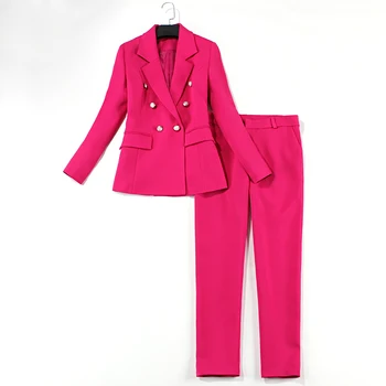 Naujas mados profesionalų kostiumas striukė moteriška rose red ilgai skyriuje aukštos kokybės dvieiliai kostiumas kelnės dvi